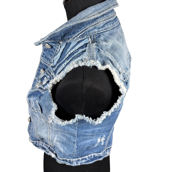 Miss Me Y2K Rhinestone American Flag Distressed Denim Vest Med Festival Cowgirl - Picture 8 of 14